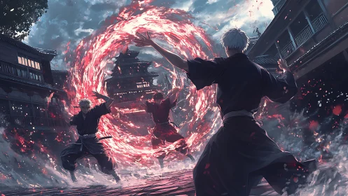 Sorcerers clash within flaming vortex in stormy street scene.