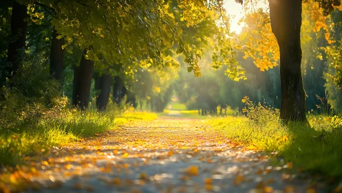 Sunlit tree-lined path carpeted with early autumn leaves.