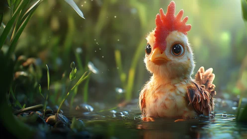Animated Rooster in Water With Red Crest and Blue Eyes.