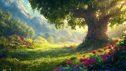 Enchanted meadow tree under golden sunrise light bloom.