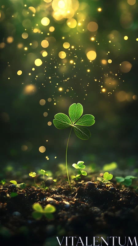 Single clover sprout under glowing light in dark soil field.