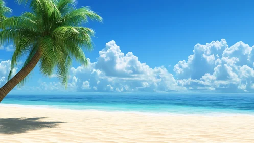 Tropical Beach with Palm Tree and Ocean Horizon.