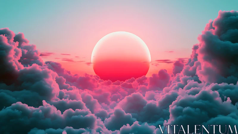 Neon sun sinks into dreamy cyan and magenta cloud ocean.
