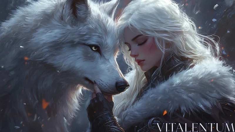Wolf and silver-haired warrior share a quiet winter bond.