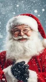 Joyful Santa Claus portrait framed by softly falling snow.