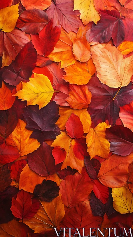 Overlapping autumn leaves in red, orange and yellow tones.