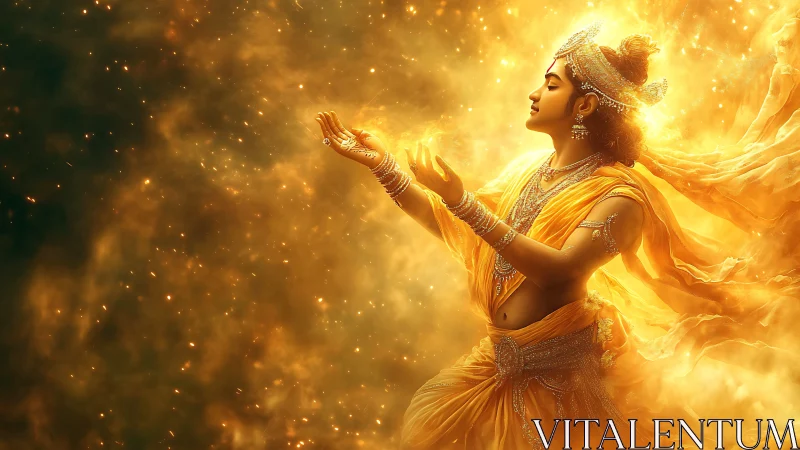 Radiant mythic figure rendered in golden volumetric light field