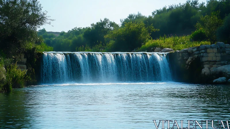 Small river waterfall flows over stone ledge into calm pool
