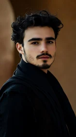 Thoughtful young man gazes calmly against warm backdrop