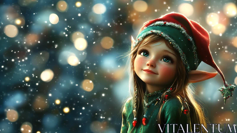 Whimsical Christmas elf portrait with bokeh lights and falling snow