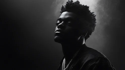 Shadow-crowned portrait bathed in drifting silver smoke glow.