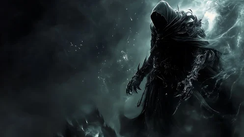 Hooded dark figure in swirling monochrome smoke and mist.