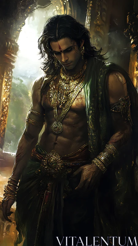 Digital painting of regal warrior in ornate golden temple setting.