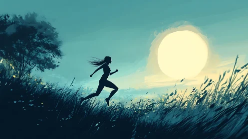 Digital painting silhouette runner against oversized sun field.