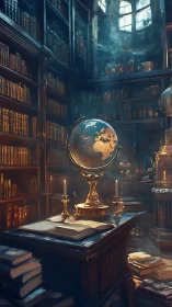 Globe stands on wooden desk in dense, dim library