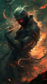 Infernal cyber warrior with ember trails and glowing eyes