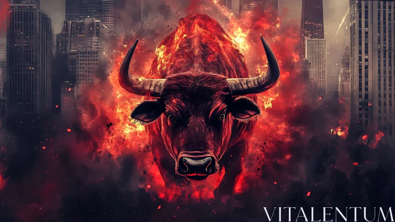 Fiery bull charging through a glowing city skyline scene.
