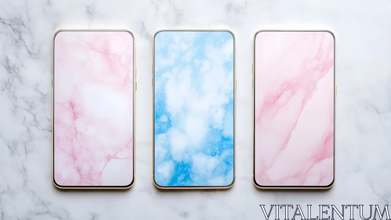 Symmetric smartphone trio with marble gradients on white.