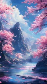 Digital painting of sakura valley with atmospheric depth.