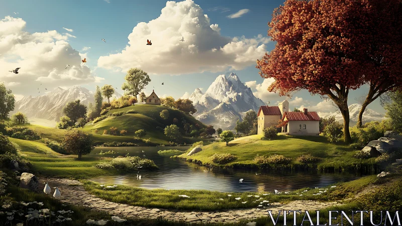 Digital pastoral landscape with alpine cottages and pond.