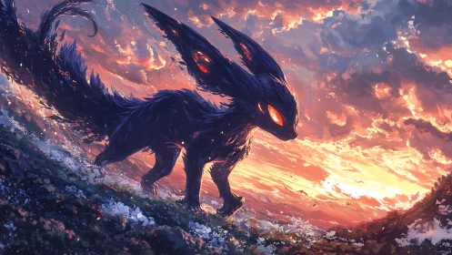 Bioluminescent shadow beast against incandescent sunset sky