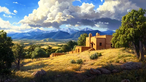 Adobe house on grassy hillside under distant mountain range.