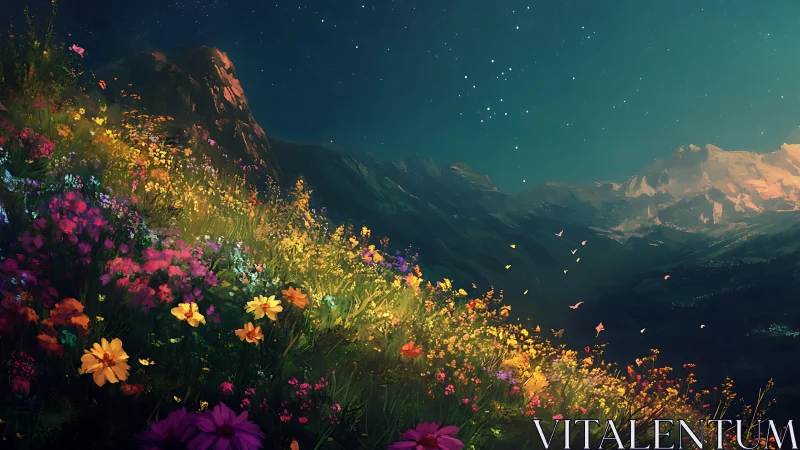 Starlit mountain meadow with vivid wildflower slope at night.