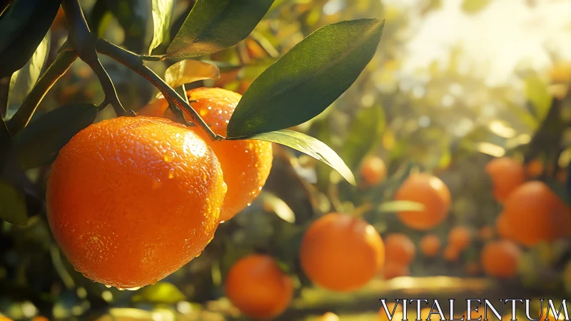 Sunlit orchard jewels glowing on dew-kissed orange boughs.