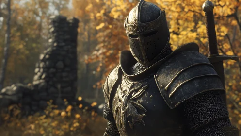 Medieval knight in autumn forest with ruined stone tower.