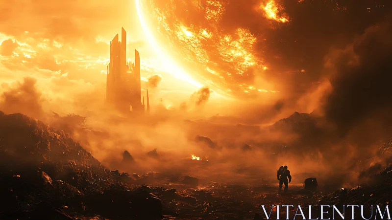 Astronauts on volcanic alien plain under giant burning sun.