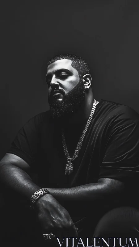 Moody black and white portrait of bearded man with jewelry.