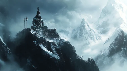 Colossal Shiva statue on icy Himalayan peak in stormy haze