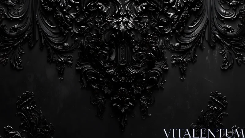 Baroque black ornamental relief forms glossy symmetrical pattern