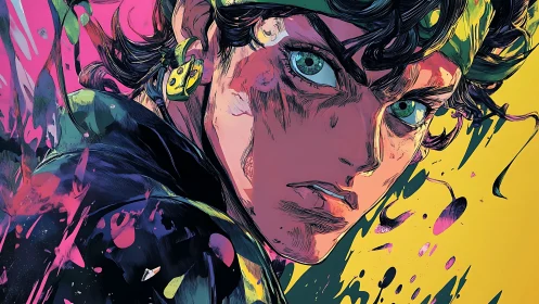 Expressive anime portrait with neon ink-splatter dynamics.