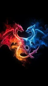 Bilateral fire and ice dragon silhouettes in neon plasma