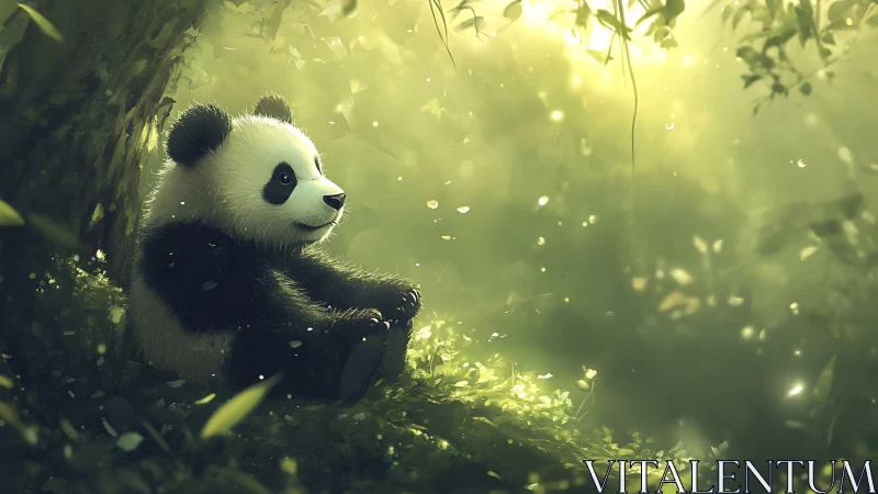 Juvenile panda resting in dappled forest backlight haze
