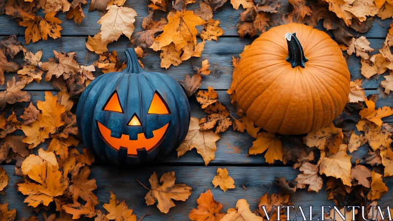 Twin pumpkins trade whispers on a leaf-covered autumn stage.