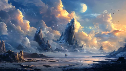 Lunar-illuminated glacial spires in atmospheric scattering panorama.