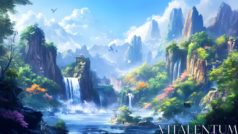 Mountainous river valley shows multiple waterfalls and temples