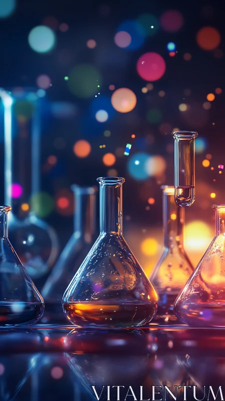 Chromatic laboratory glassware under bokeh light diffusion.