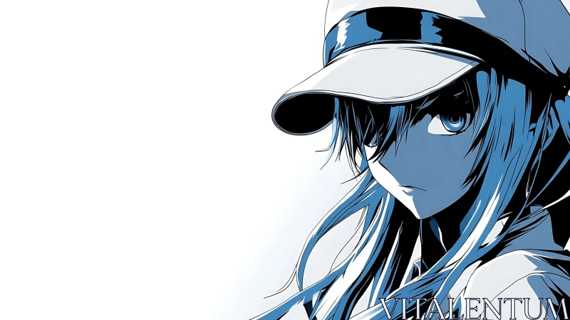 Soft-glare anime girl in cap carved from ink and light.