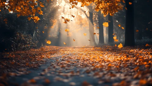 Golden autumn leaves swirl above sunlit forest pathway