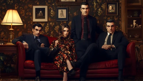 Stylish family portrait on red sofa in moody vintage parlor