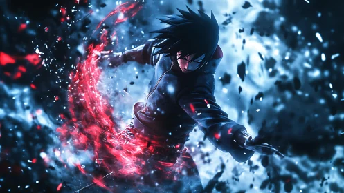 Dark anime warrior unleashes swirling red and blue energy.