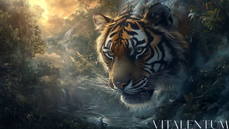 Majestic tiger spirit emerging above misty jungle ravine.