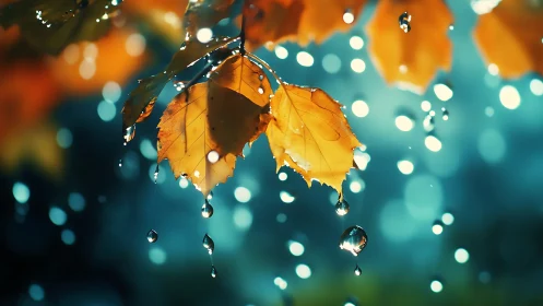 Raindrops applaud autumn leaves in a teal twilight haze