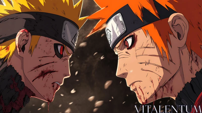 Intense shinobi duel in bloodstained close confrontation.