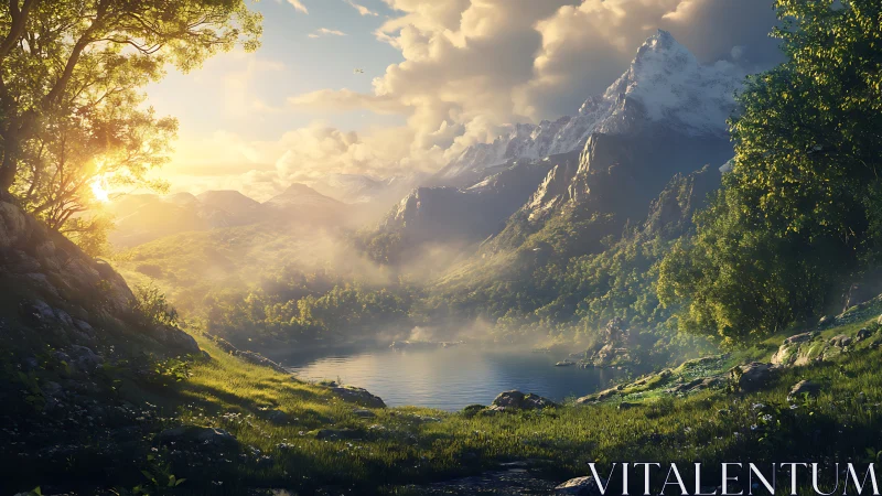 Sunlit alpine lake valley with misted evergreen mountains.