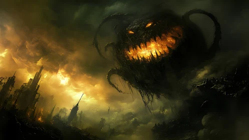 Digital painting of apocalyptic void entity over ruined cityscape.