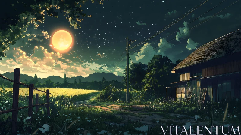 Moonlit country road winds past a quiet wooden farmhouse.